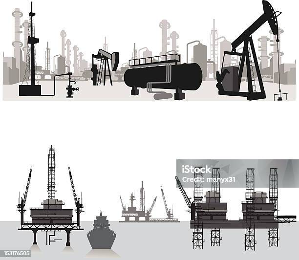 Wektor Illustrationsilhouettes Z Rafineria Naftowa - Stockowe grafiki wektorowe i więcej obrazów Platforma naftowa