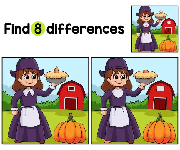 Vector illustration of Thanksgiving Pilgrim Girl Pie Find The Differences