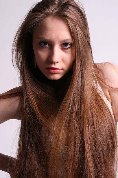 Portrait of beautiful girl with flowing hair. stock photo