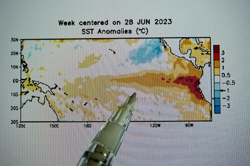 Anomaly in sea surface temperatures across the Pacific ocean associated with a developing El Nino weather pattern in 2023.