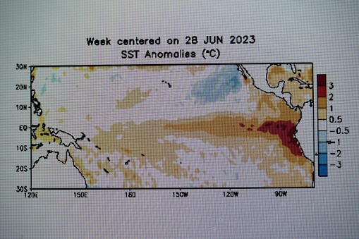 Anomaly sea surface temperatures in the Pacific ocean associated with a developing El Nino weather pattern in 2023.