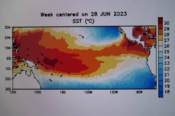 istock Sea surface temperatures chart in the Pacific ocean associated with a developing El Nino weather pattern in 2023 1531803087