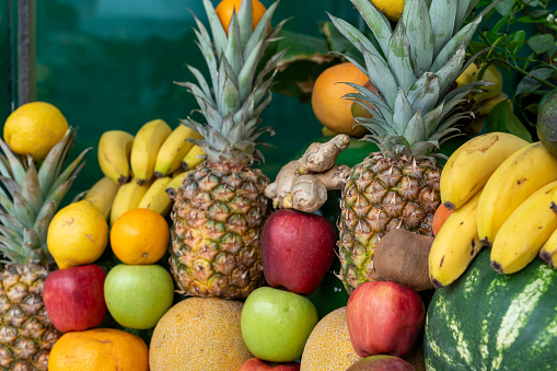 close-up shot of assorted fresh fruits in a basket.