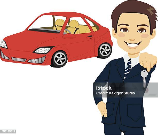 Młody Sprzedawca Samochodów - Stockowe grafiki wektorowe i więcej obrazów Kluczyk do samochodu - Kluczyk do samochodu, Mężczyźni, Sprzedawca samochodów