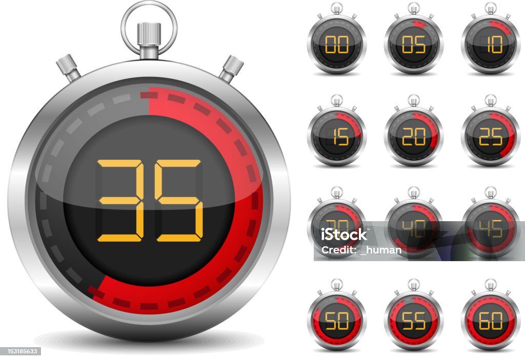 Digital timer displays time in 5-second increments Digital timers, vector eps10 illustration (transparent effects used to create shadows and glass) Stopwatch stock vector