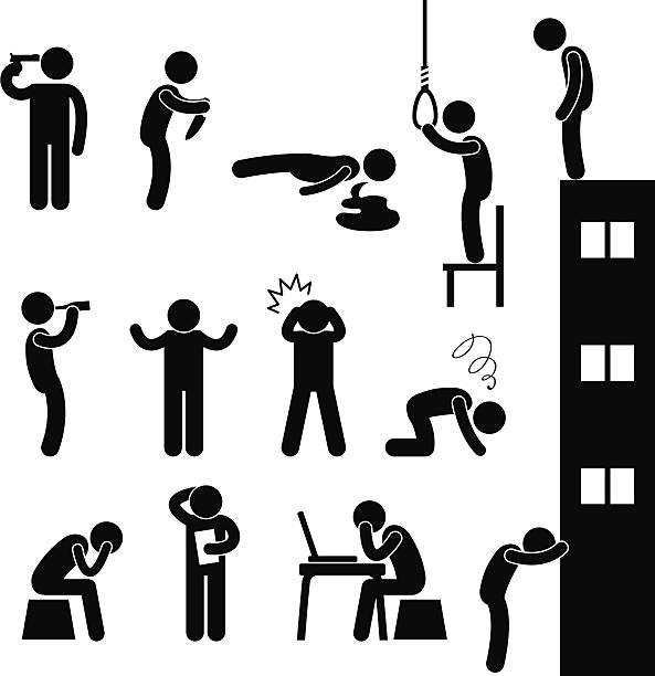 Man People Depression Sad Suicide Pictogram A set of human figure showing desperation and suicidal attempt. silhouette of the hanging noose stock illustrations