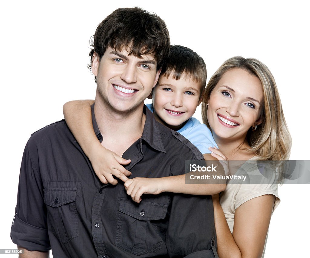 Happy young family with pretty child Happy young family with pretty child posing on white background Family Stock Photo