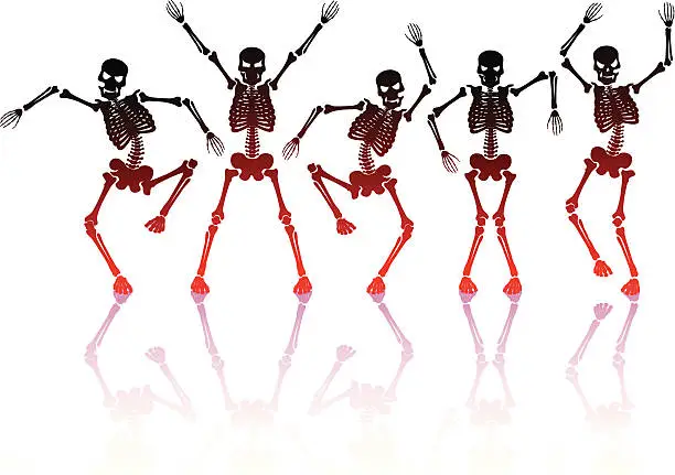 Vector illustration of Five skeletons doing a silly dance