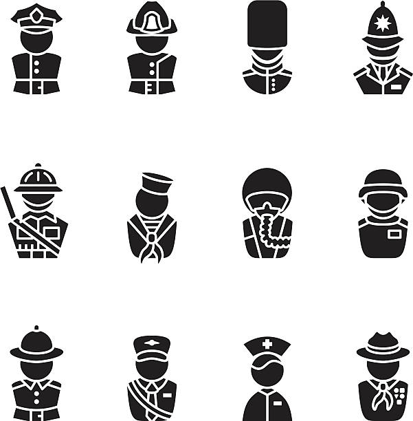 ilustrações de stock, clip art, desenhos animados e ícones de conjunto de silhuetas de ícone humano - police helmet