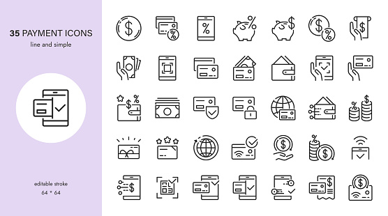 Online Banking and Payment Vector Icons Set. Credit Card and Cash, Savings, Secure Payment, Fast Transfers, Contactless Payment, Cashback, Mobile Banking, QR Code, Gift Cards, Digital Currencies.