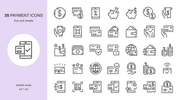 Vector illustration of Online Banking and Payment Vector Icons Set. Credit Card and Cash, Savings, Secure Payment, Fast Transfers, Contactless Payment, Cashback, Mobile Banking, QR Code, Gift Cards, Digital Currencies.