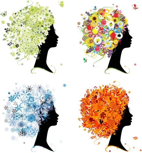 Vector illustration of Four seasons - spring, summer, autumn, winter. Art female head