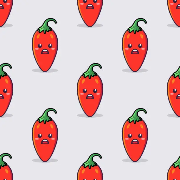 Vector illustration of Vector Seamless Pattern with Cartoon Cute and Funny Red Hot Chili Peppers. Kawaii Style. Fresh Chili Hot Pepper with Chili Pepper Face, Scared, Shock Emotion. Vector Illustration