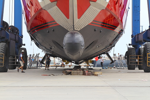Aircraft Jet engine maintenance in airplane hangar