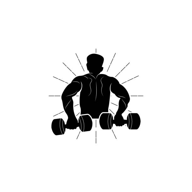 siłownia, fitness health vector, muscle workout silhouette design, fitness club - health club gym young men dumbbell stock illustrations