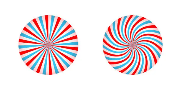 Vector illustration of Straight and swirled pink and blue radial stripes in round shape. Circus or carnival big top background. Bubble gum, sweet lollipop candy, ice cream twisted texture