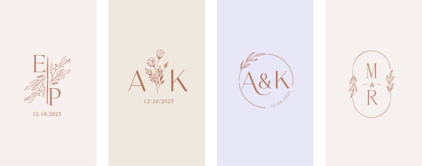 svatební loga, ručně kreslená elegantní, jemná a minimalistická kolekce monogramů - zásnubní prsten stock ilustrace