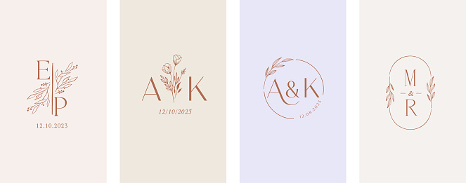 Wedding logos, hand drawn elegant, delicate and minimalist monogram collection. Botanical vector design