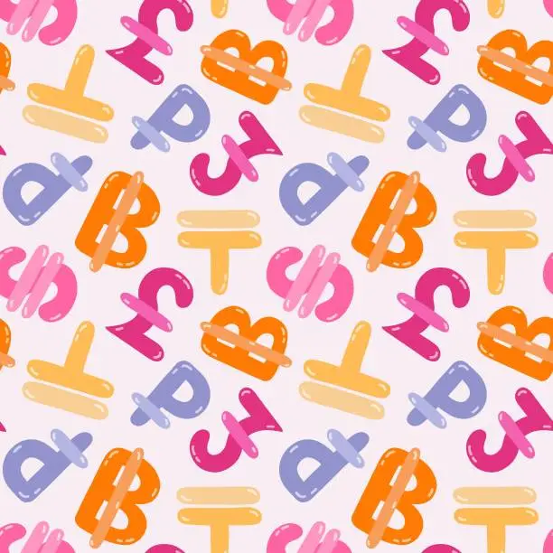 Vector illustration of Playful simple seamless pattern with different international currency symbols. Bright background with hand drawn doodle of money signs in naive style for wrapping paper, background, fabric, scrapbook.