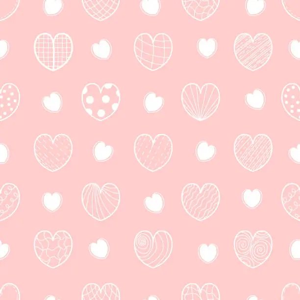 Vector illustration of Seamless romantic pattern. Hearts on soft pink background. Vector illustration in linear hand drawn doodle style for holiday design, decor, valentines, packaging.