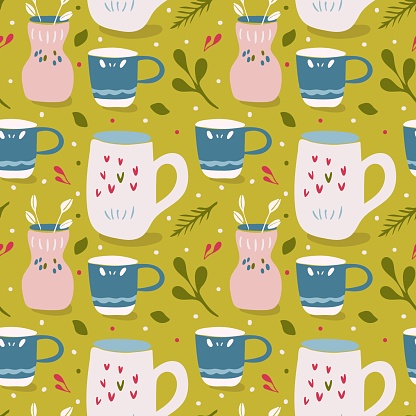 Seamless hand drawn mug and vase pattern on green background. Cute seamless vector in simple formals for textile print or packaging