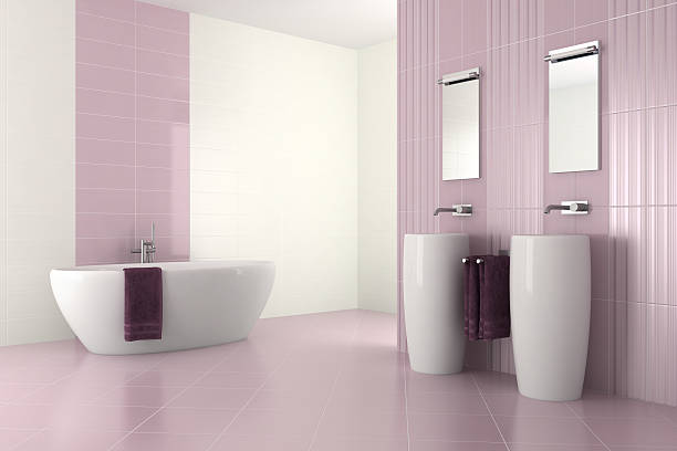 istock purple modern bathroom with double basin and bathtub 153197830