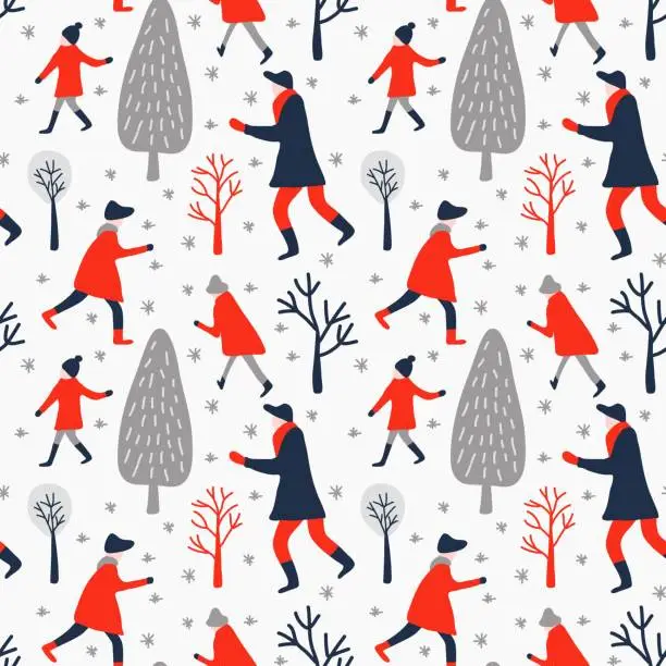 Vector illustration of Seamless pattern of people in red clothes and blue trees. winter seamless vector of blue, red and gray for Christmas print for textiles or packaging.