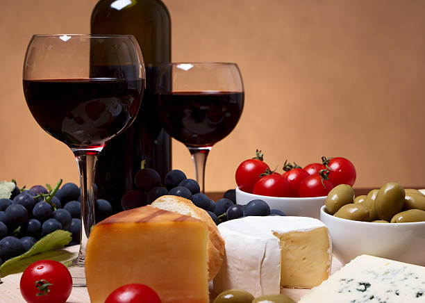 istock Still life with cherry tomato, red wine and cheese 153201159