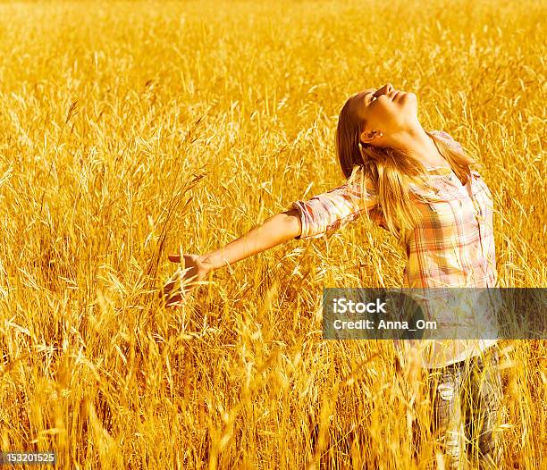 Happy Woman On Wheat Field Stock Photo - Download Image Now - Activity, Adult, Agriculture