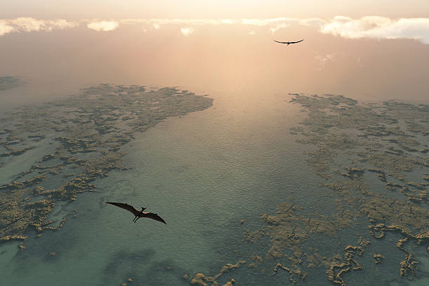 pteranodon volando sobre delta del río - cloud morning delta landscape fotografías e imágenes de stock