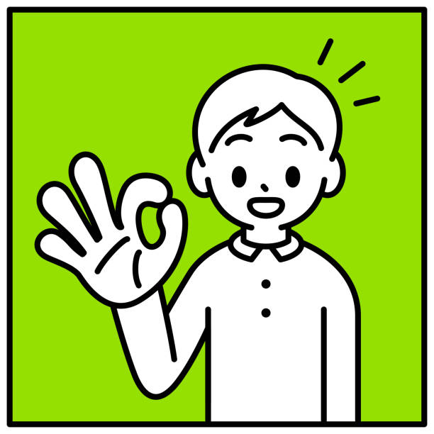 한 소년이 ok 핸드 사인을 몸짓으로 바라보고 있다, 시청자를 바라보며, 문제 없다, 부드러운 진행, 미니멀리스트 스타일, 흑백 윤곽선 - manga style little boys receiving human hand stock illustrations