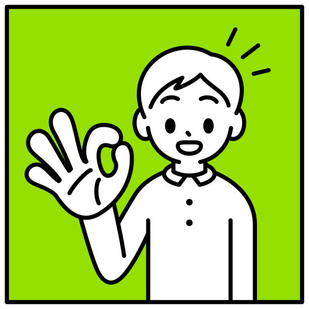 ilustrações, clipart, desenhos animados e ícones de um menino está gesticulando um sinal de mão ok, olhando para o espectador, sem problemas, progresso suave, estilo minimalista, contorno preto e branco - hand sign human hand sign language three fingers