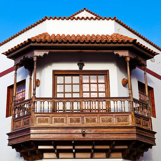 Garachico: carved wooden balcony typical of the traditional craft of Canary Islands. 