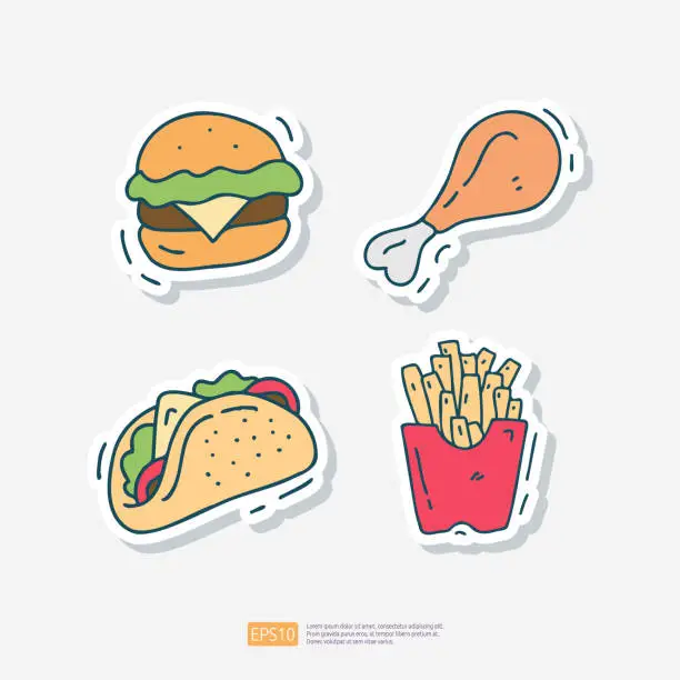 Vector illustration of cheese burger bun, fried chicken, tortilla taco, potato french fries doodle icon. Fast food Cute doodle. Cuisine and drink Sticker Set Vector Illustration