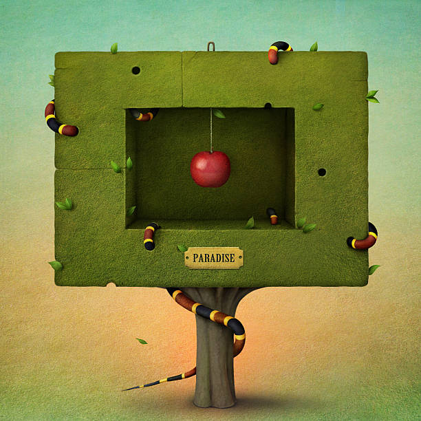 paradise tree. - apple fruit surreal bizarre stock illustrations