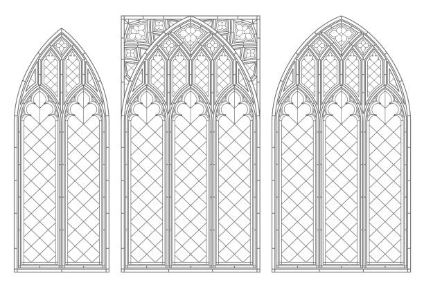 mittelalterliche gotische kontur buntglasfenster kathedralenfenster. - cathedral stock-grafiken, -clipart, -cartoons und -symbole