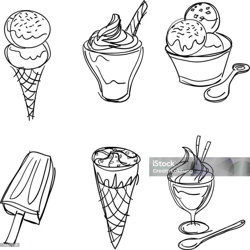 Ice-Cream collection in Black and White Six sketch drawing of ice-cream. It includes ice-cream, ice-bar and ice-cream cone. Ice Cream stock vector