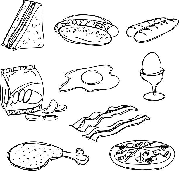 A collection of black food symbols on a white background Sketch drawing of food. It includes sandwich, hot dog, sausage, egg, chicken leg, pizza, potato chip and bacon. bacon illustrations stock illustrations