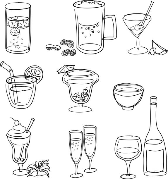 ilustraciones, imágenes clip art, dibujos animados e iconos de stock de conjunto de línea de generación de bebidas - wineglass symbol coffee cup cocktail