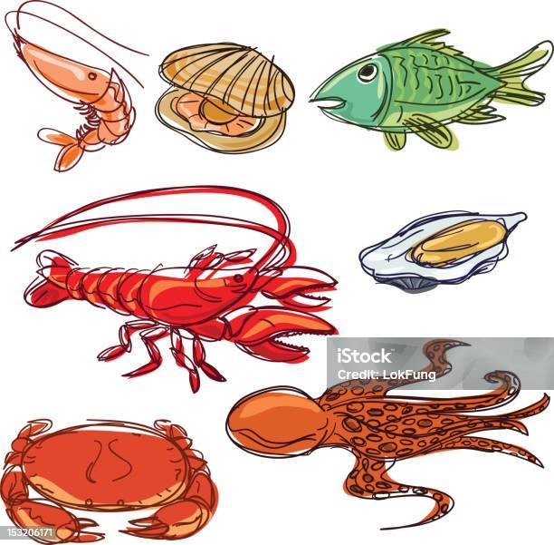 Ilustración de Color De La Colección De Pescados Y Mariscos y más Vectores Libres de Derechos de Langosta - Crustáceo - Langosta - Crustáceo, Pulpo, Alimento