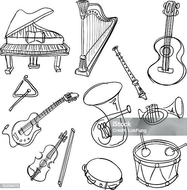 Vetores de Coleção De Instrumentos Musicais Em Preto E Branco e mais imagens de Arte Linear - Arte Linear, Pandeiro, Violino