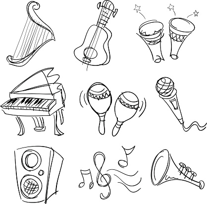 9 sketch drawing of music. It includes musical instruments, piano, guitar, trumpet, Djembe, microphone, amplifier, musical note and harp.