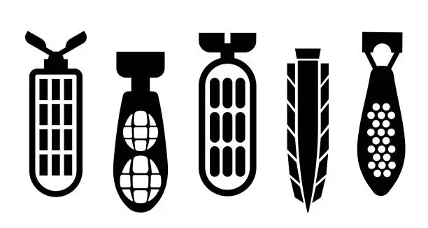 Vector illustration of Different cluster munition types. Cluster bombs and shells vector set.