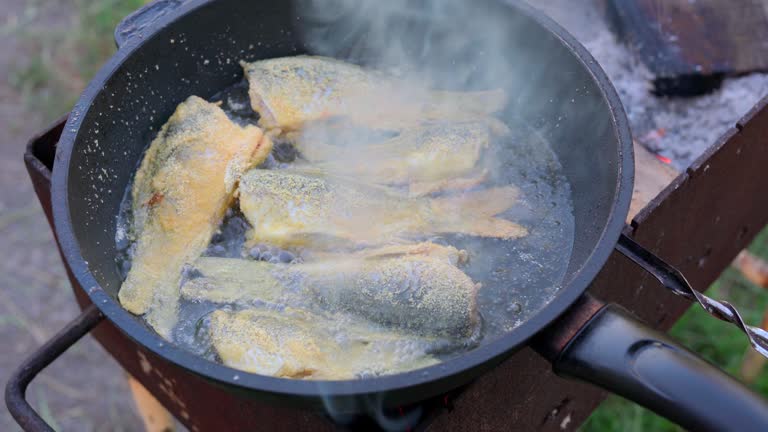 Top view of pan-frying carp and perch fillet on a street stove. Frying fish on an open fire in the grill for summer picnic. Cooking sea food in the home backyard close-up. Video footage in 4K 25FPS.