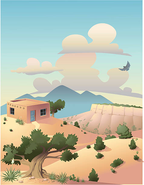 Colorful illustration of desert and mountain scene Landscape in the U.S. Southwest, with small adobe house. PDF included. new mexico landscape stock illustrations