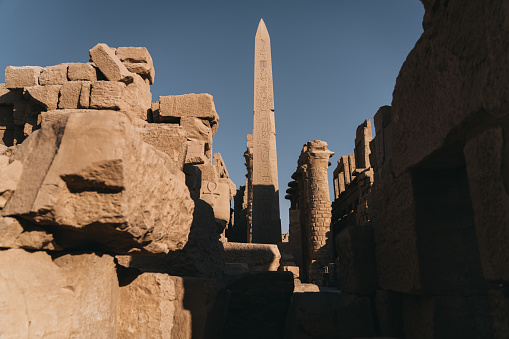 Ram statue at the gate of the Karnak temple (Ancient Thebes with its Necropolis), the main place of worship of the eighteenth dynasty Theban Triad with the god Amun as its head.