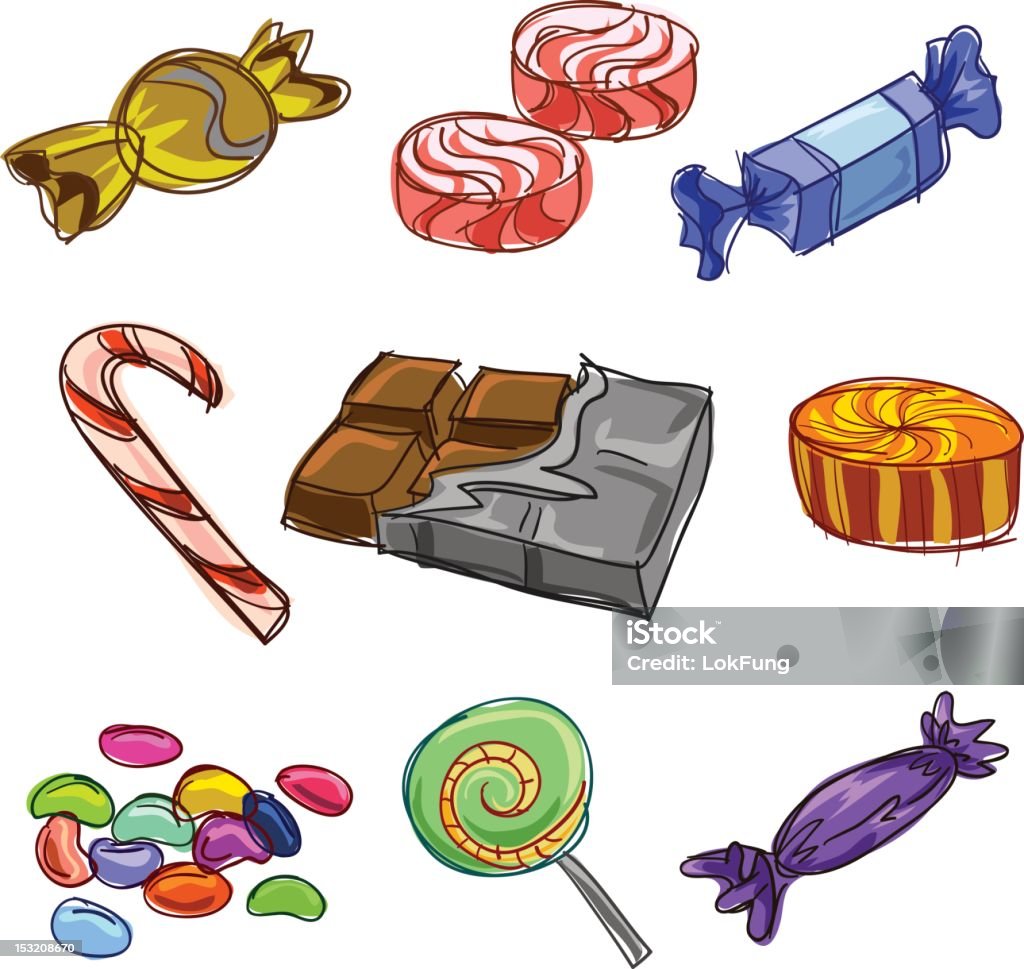 Colour candy collection Nine sketch drawing of candy with colours. It includes candy, sweet, chocolate and jelly bean. Toffee stock vector