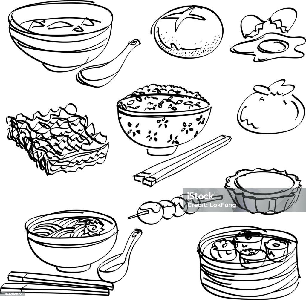 Asian food Collection in black and white 10 sketch drawing of Asian food. It includes a bowl of congee, buns, egg, instant noodles, rice, japanese style noodle, egg tart and dim sum. Bowl stock vector