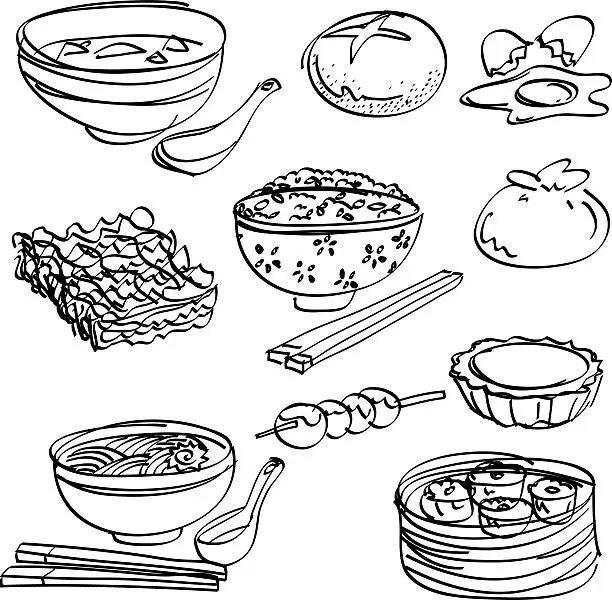 Vector illustration of Asian food Collection in black and white