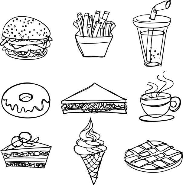 ilustrações, clipart, desenhos animados e ícones de comida e beverage_01 - coffee bagel donut coffee cup